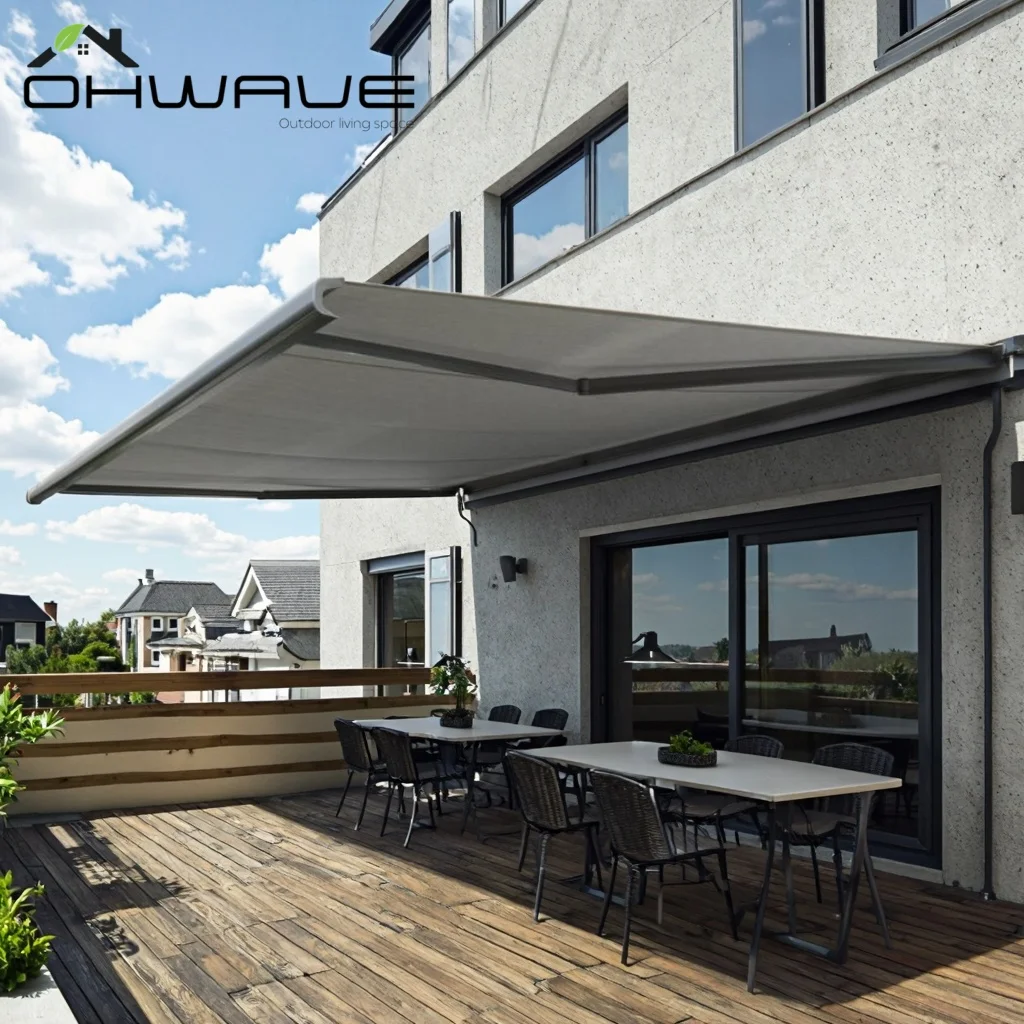 New Automatic Retractable Outdoor Cassette Foldable Sun Shade Awnings 6m Max Width Aluminum Alloy Frame PVC for Garden Buildings