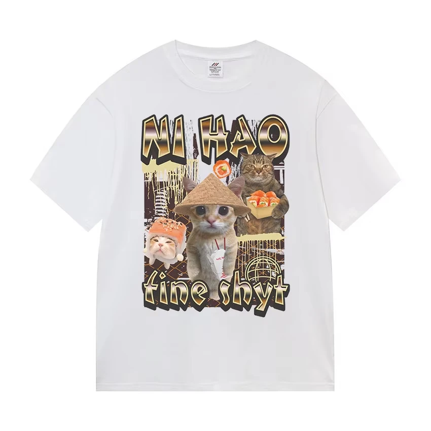Hot Sale Ni Hao Fine Shyt Funny Cat Graphic T Shirt Unisex Vintage Harajuku T-shirt Soft Cotton Fabric Versatile for Daily Looks