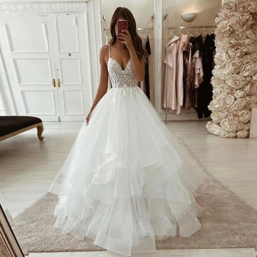 Sleeveless A-line Wedding Dress V Neck Sexy Backless Bridal Gown Vestido De Novia Ruffle Skirt Wedding Dresses 2023