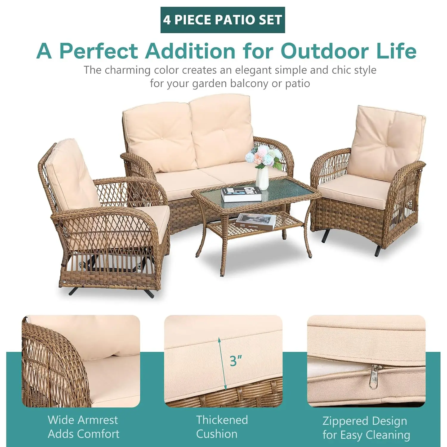 4 Pieces Outdoor Wicker Patio Conversation Sets with Glider Loveseat, 2 Chairs with Glass-Top Coffee Table Rocking, Customized