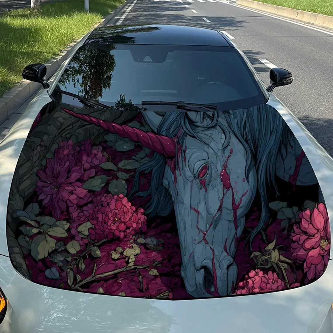 

Terrifying Floral Unicorn Car Hood Stickers - Self-Adhesive, Waterproof and Durable Vinyl Wrap, Decorate And Protect Your Car, F