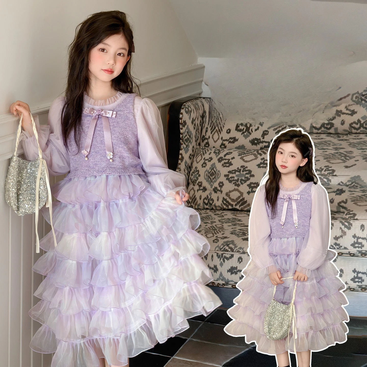 chic French design Purple Princess Dresses vest+Mesh patchwork cake skirt 2 teen kid girls dress suit child clothes outfits 4-14