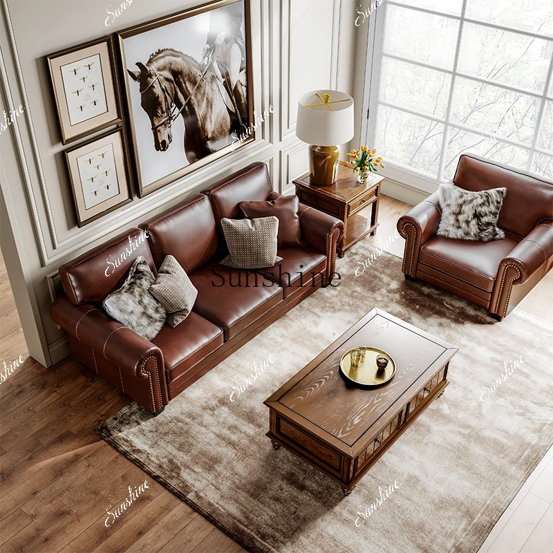 American rural solid wood size apartment living room leather sofa set combination  FT