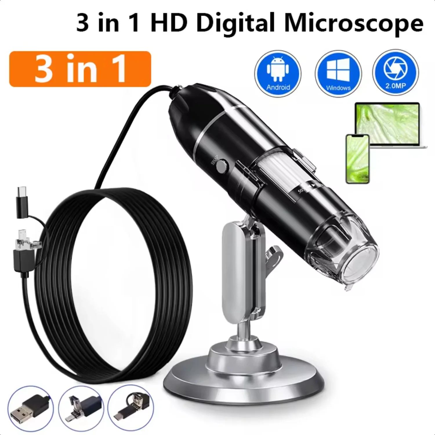 1600X USB Digital Microscope 3 in 1 0.3MP/2MP Portable Electronic Microscope  Soldering  Magnifier Type-C Magnifier