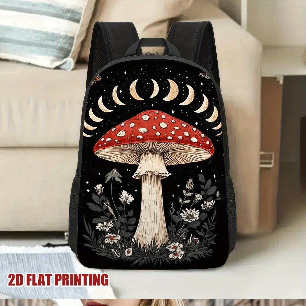 

1 Halloween Mushroom Backpack - Red Mushroom, Crescent Floral Design Black/White/Red - Lightweight Zipper Closed Removable