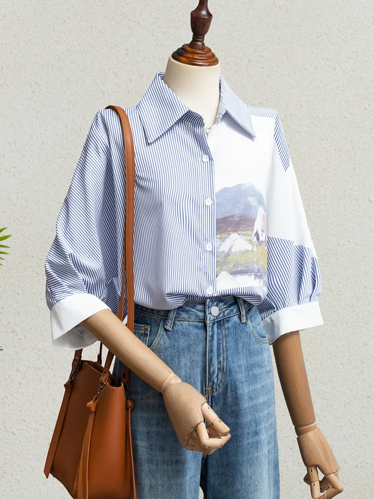 

Blue Striped Patchwork Shirts Women Trends 2025 Summer Spring Blouses With Sleeves Blusas Para Mujer Chic Elegant Women'S Shirt