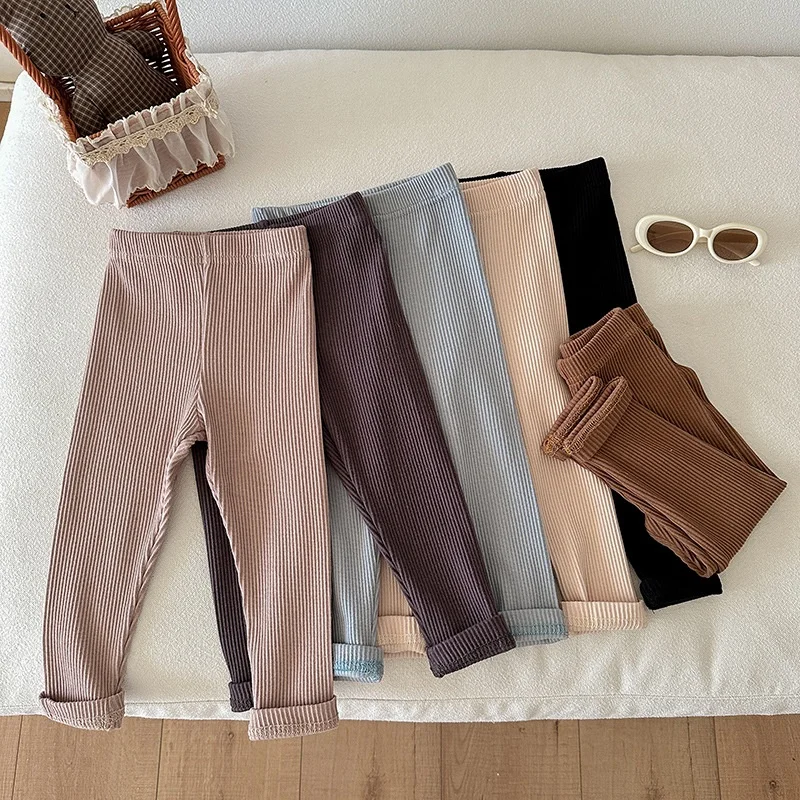 Children's Solid Color Leggings Cotton Ribbed Toddler Pants Versatile Inner Outer Wear Gender Neutral Kids Trousers