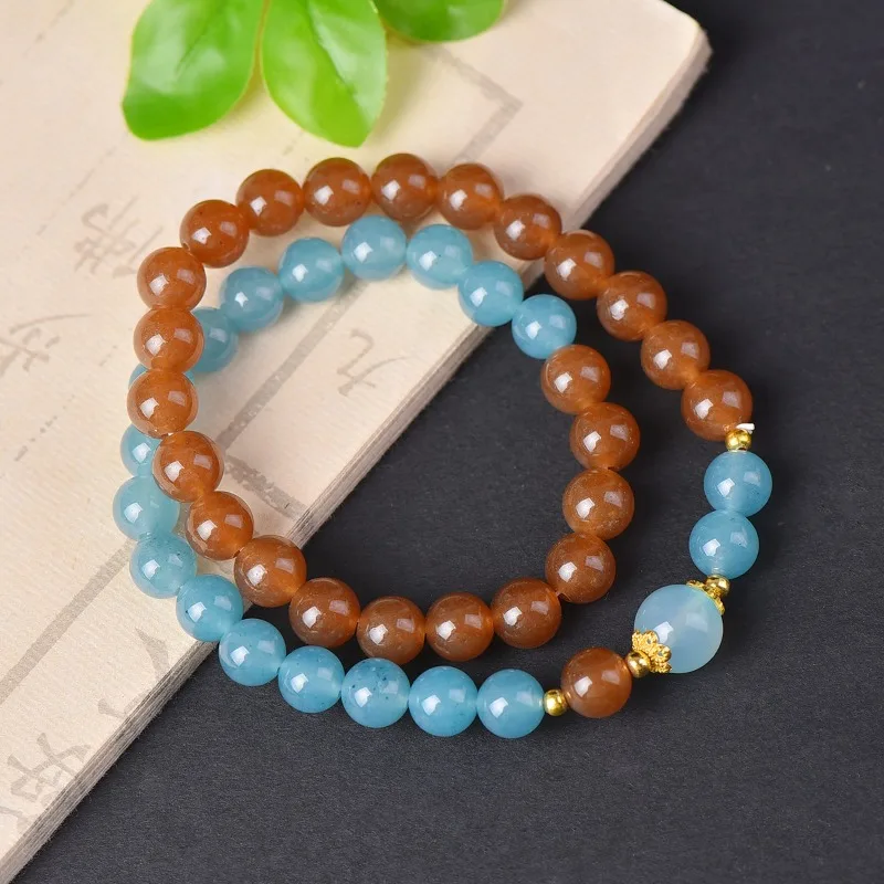 

New Natural Gold Silk Jade Blue Water Sugar Color Round Bead Bracelet, Exquisite Fashion Jewelry