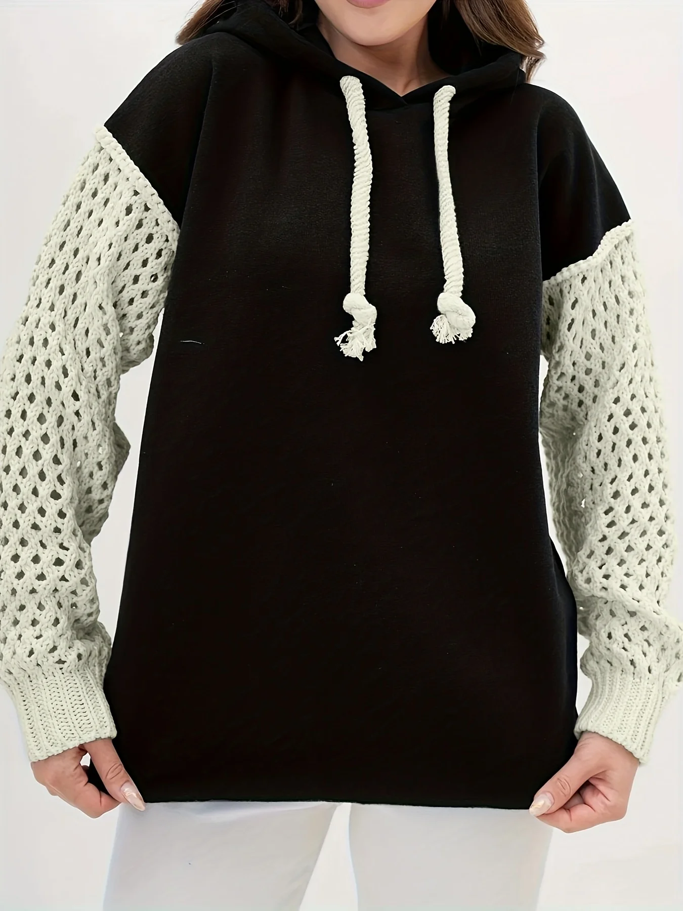 

Plus Size Women's Casual Hollow Out Hooded Long Sleeve Pullover Knit Sweater, Perfect for Fall & Winter