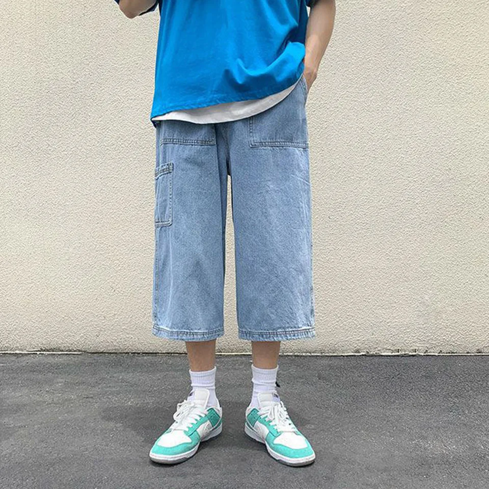 New Summer Fashion Straight Leg Jeans For Men's Korean Light Blue Slim Fit Loose Luxury Brand Design Casual Wide Leg Shorts
