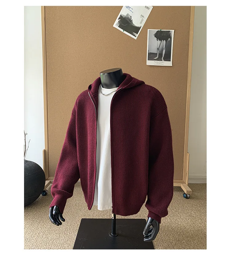 2026 New Autumn Winter Simple Solid Color Knitted Hoodie Men Japan Korean Fashion Casual Loose Double Zipper Hooded Jacket