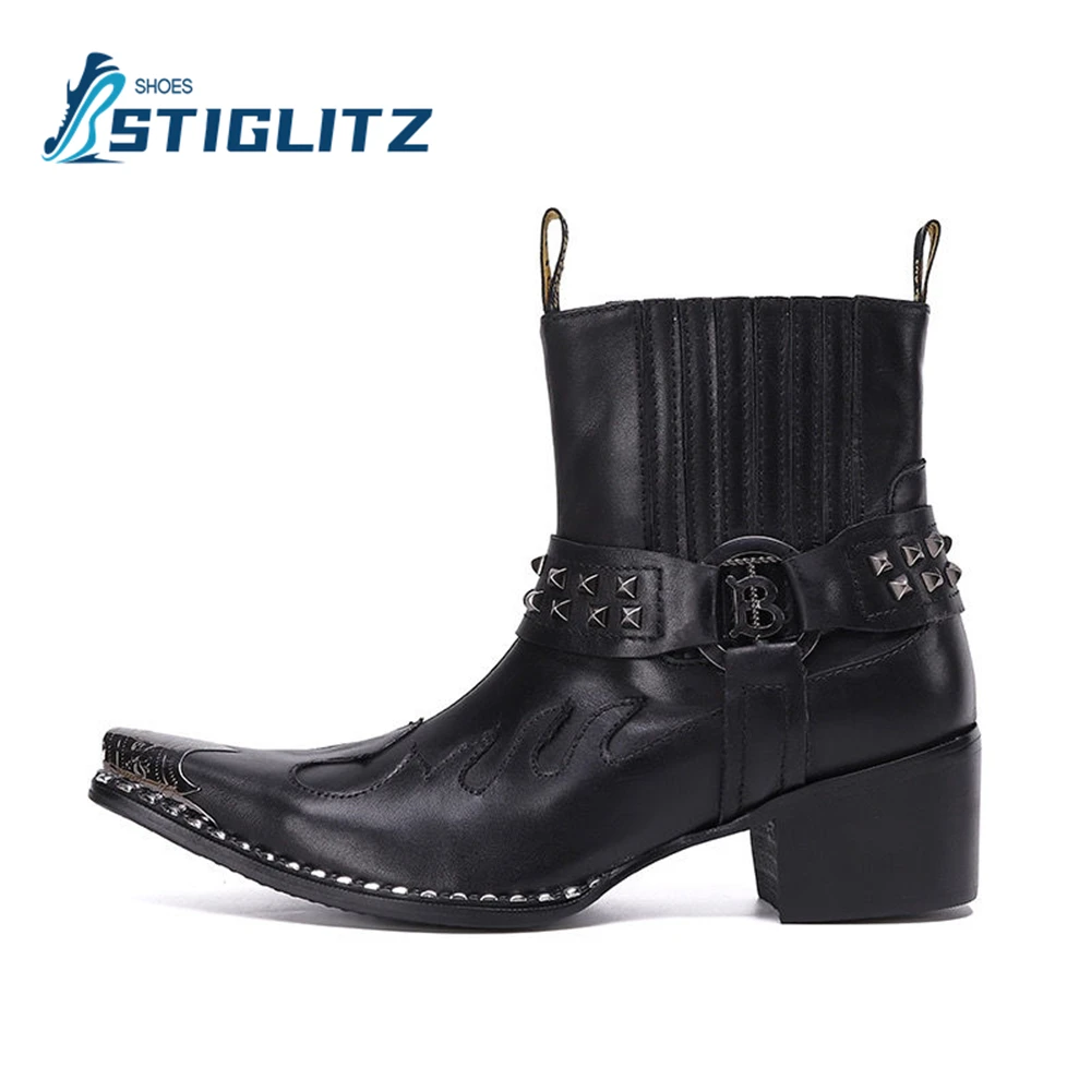 Black Wrinkled Genuine Leather Ankle Boots Metal Rivet Buckle Pointed Toe Chelsea Men's Formal Casual Shoes Performance Shoes