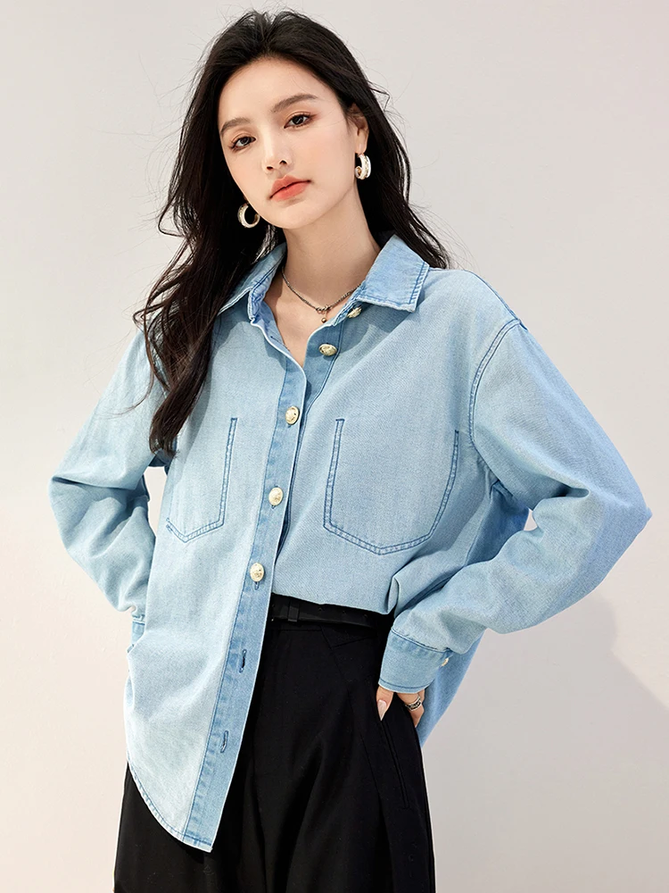 Autumn 2024 New Denim Shirts For Women Korean Style Long Sleeve Top Loose Retro Elegant Jean Blouses