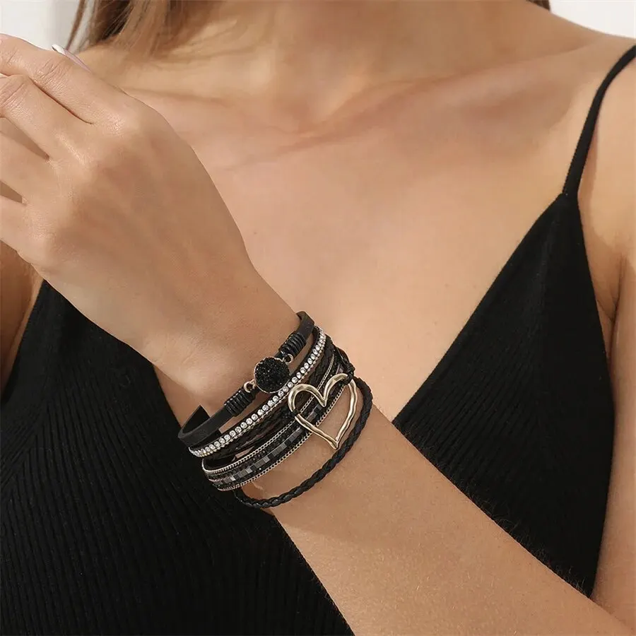 New Metal Love Heart Charm Leather Bracelets for Women Fashion Bohemian Rhinestone Resin Wrap Bracelet Bangle Couple Jewelry image 2