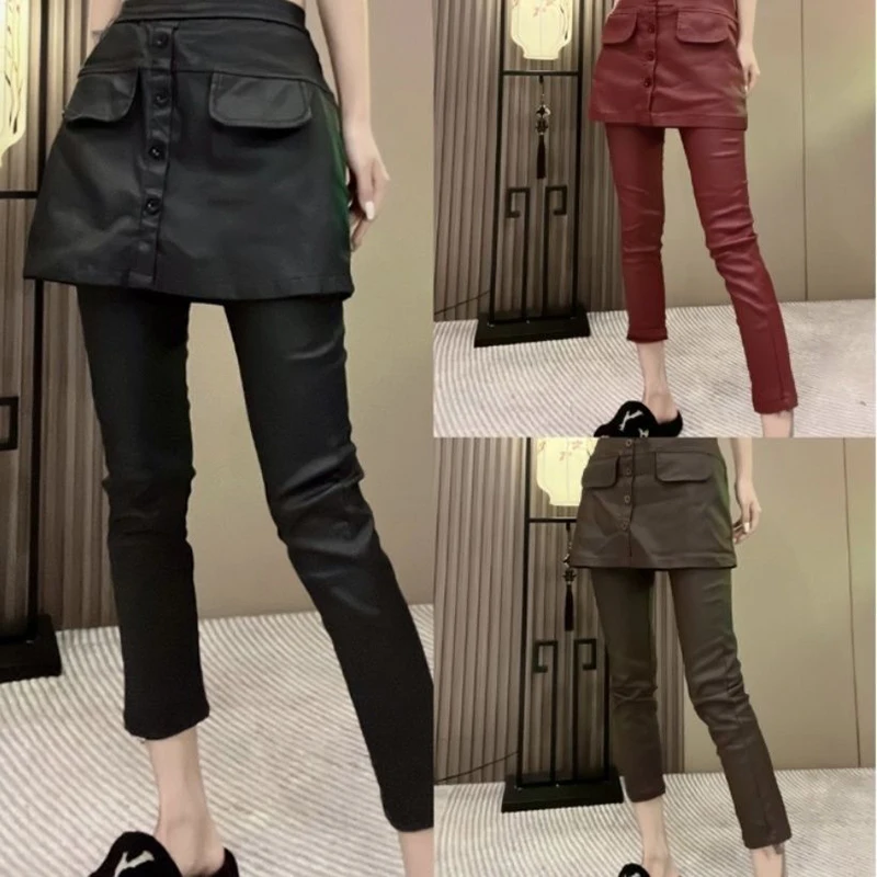 

Women's autumn winter new versatile slim half skirt leggings small leg pants heavy industry fake two piece leather pants