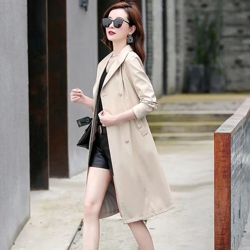 ผู้หญิงเสื้อหนังยาว 2025 ฤดูใบไม้ผลิใหม่เกาหลีSlim Luxury Windbreaker Jacket Double-Breastedเข็มขัดBomber Streetwear Outwear