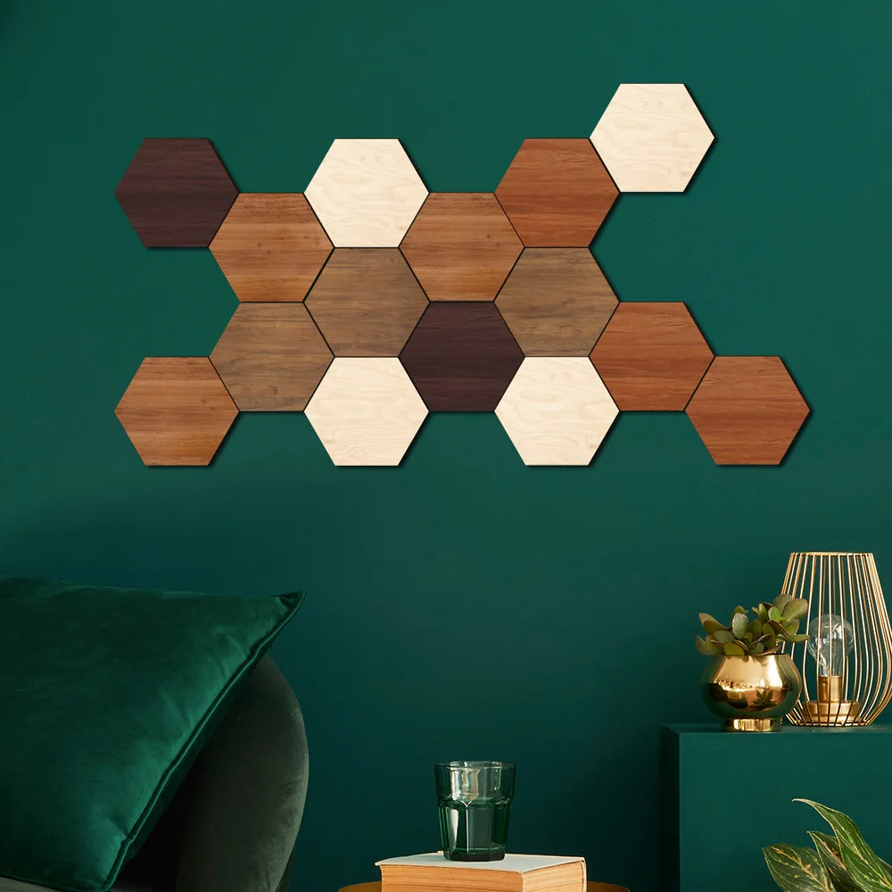 Creative Three-dimensional Combination Hexagonal Wooden UV-printed Wall Stickers for Home Background Wall Decoration