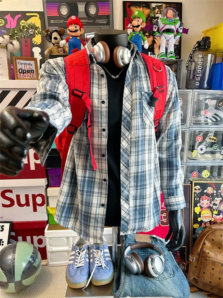 

Мужская клетчатая рубашка-поло в стиле casual, свободного кроя, осенняя, в стиле ранней моды, на пуговицах, верхняя одежда