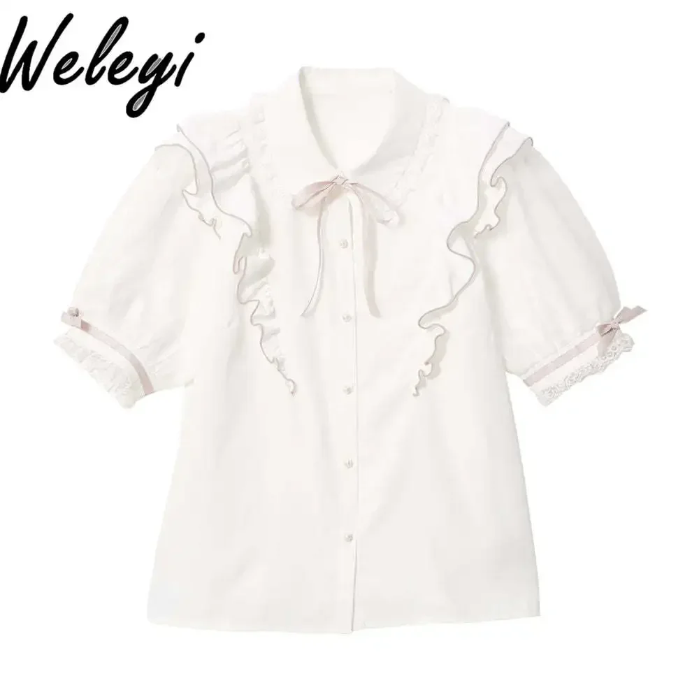 Japan Woman Summer Sweet White Ribbon Bow Shirt Lace Mesh Stitching Fungus Edge Top Ladies Lolita Short Sleeve Blouses Femme