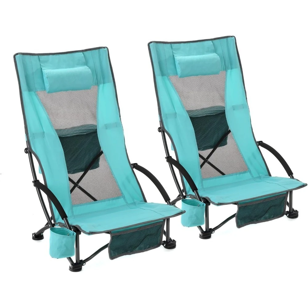 

2-Pack Low Seating + 20° Reclining Folding Beach Chair w/Padded Headrest, Foam Armrest, Cup Holder, Carry Bag,