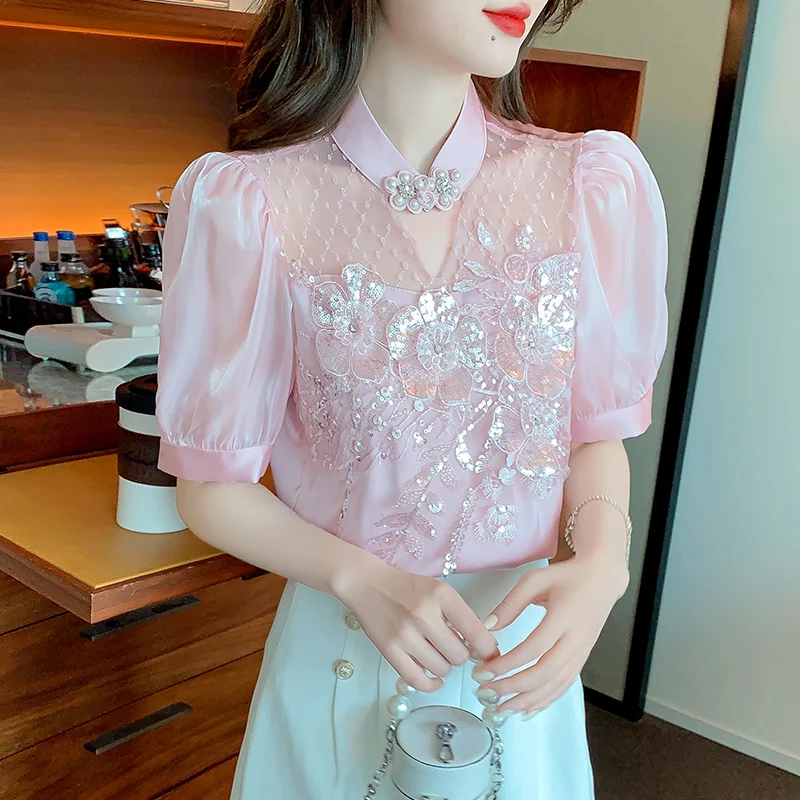 Summer Short Sleeve Chiffon Shirt Women's 2025 New French Style Top Unique Chic Shirt Vintage Bubble Sleeve Blouses
