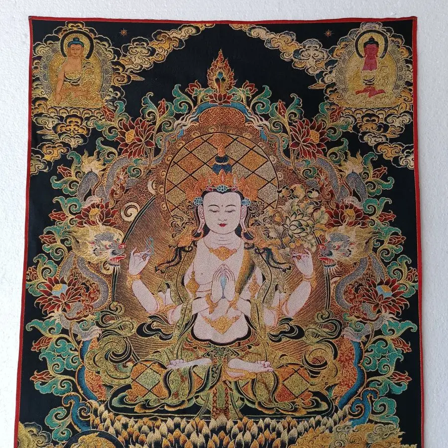 Tibet Tibetan Cloth Silk Golden color four-armed guanyin Thangka Tangka Embroidery Painting