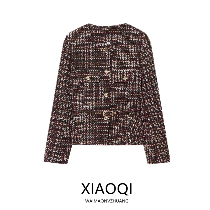 

2025 Autumn New Arrival Women's Commute Sle Long Sve Coat with Belt Thi Weave round Ne ort Outerwear