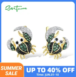 SANTUZZA Real 925 Sterling Silver Earrings For Women Sparkling Green Black Spinel Cute Crab Latch Back Animal Party Fine Jewelry