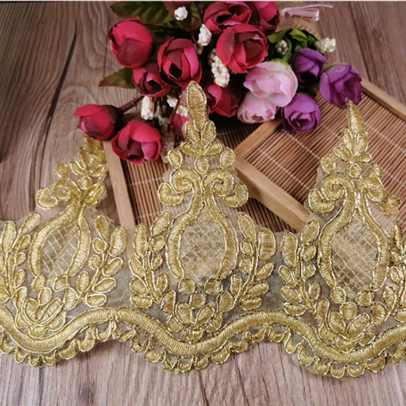 1Yard Gold Line Flower Mesh Lace Fabric Trims For Sewing Lace Applique Handmade Craft for Wedding Dec Pineapple Shape 12cm Width