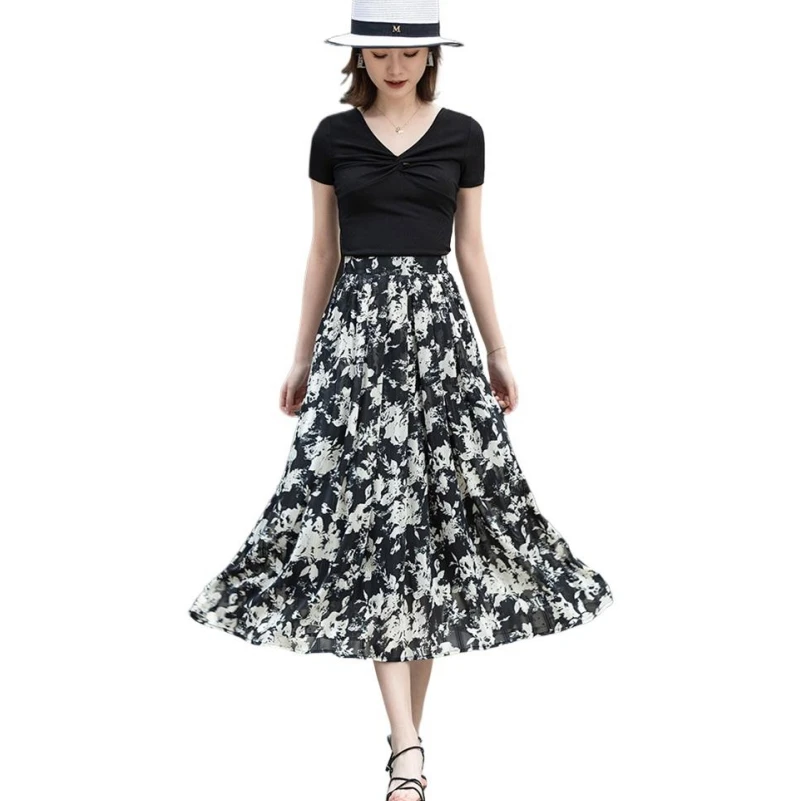 

Summer New Chiffon Feminine Medium Length Skirts Vintage Black White Printed High Waist Temperament Flowy Cozy Mid-Calf Vestidos