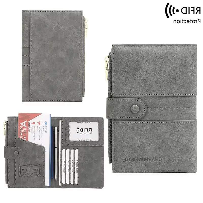 Western RFID Blocking PU Leather Passport Women Wallet Multi-function Hasp Zipper Coin Purse for Mens