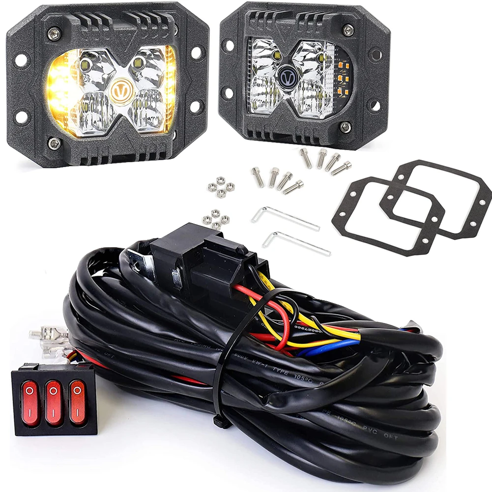 

Flush Mount Side Shooter Pods with Wiring Harness Kit 1Set White Light + Amber Solid & Strobe Side Light for Off Road Cars