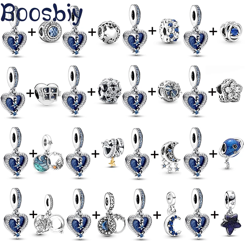 2Pc/lot Star Imprint & Love Heart With Moon Pendant Bead Fit DIY Brand Charm Bracelet & Necklace For Women Jewelry Making Gift