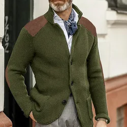 Autumn Winter Men Knit Cardigan Single Breasted Turn Down Collar Knitted Sweater Jackets Fashion Patchwork Male Sweater Coat
