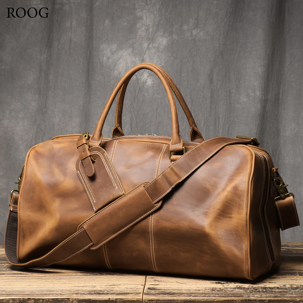 ROOG-Sacola de couro vintage premium, couro robusto de primeira camada, duffle de grande capacidade para viagens, bolsa crossbody elegante