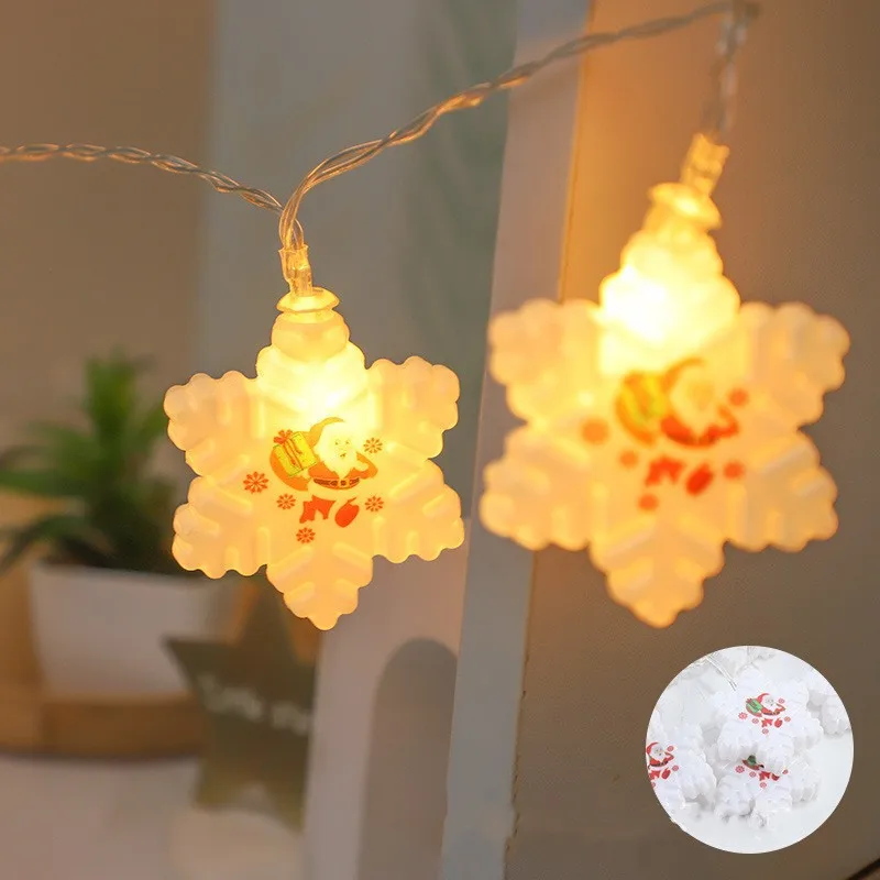 Christmas Snowflakes String Lights For Indoor Santa Claus Print Led Lights for Christmas Tree Decor Ornaments For Home Holiday