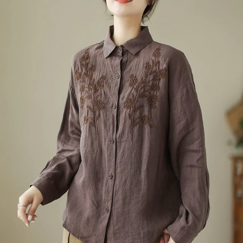 Camisa de lino de manga larga para mujer, camisa holgada y ajustada con cuello vuelto bordado Vintage, primavera y verano, 2023