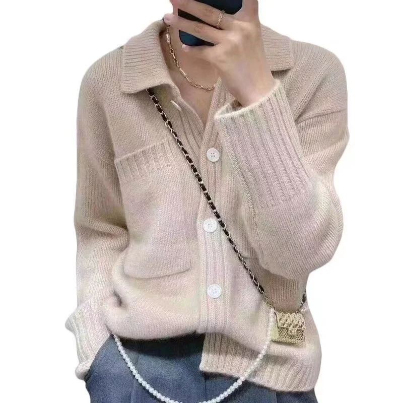 Casual Warm Lapel 100% Pure Wool Ladies Cardigan Sweater Hot Sale Long Sleeve Knit Jacket Women Cashmere Sweater FRSEUCAG brand