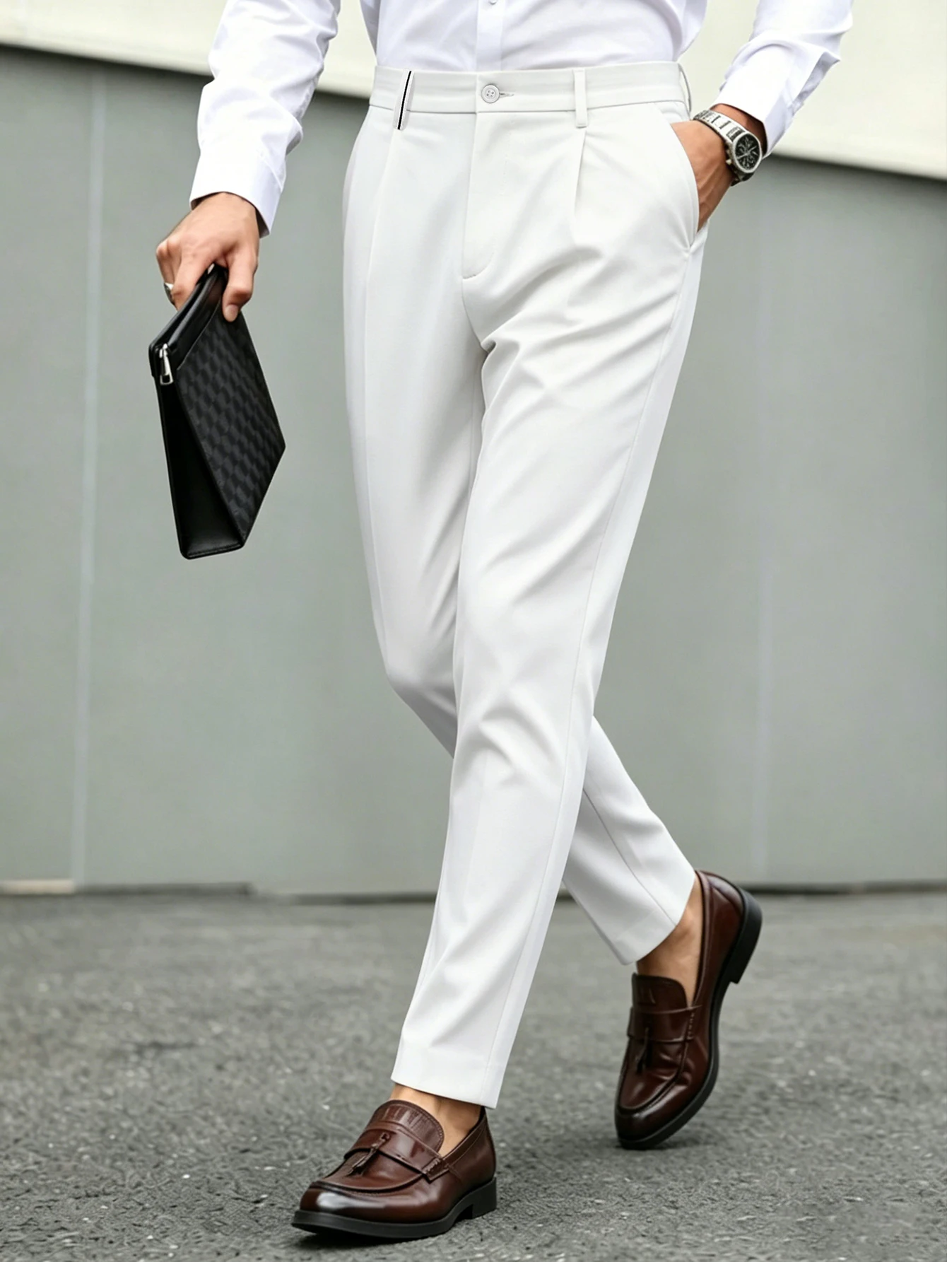 

Stretch Slim Fit Men Pleated Cropped Dress Pants Wrinkle Free Ankle Suit Trousers Business Casual Chinos