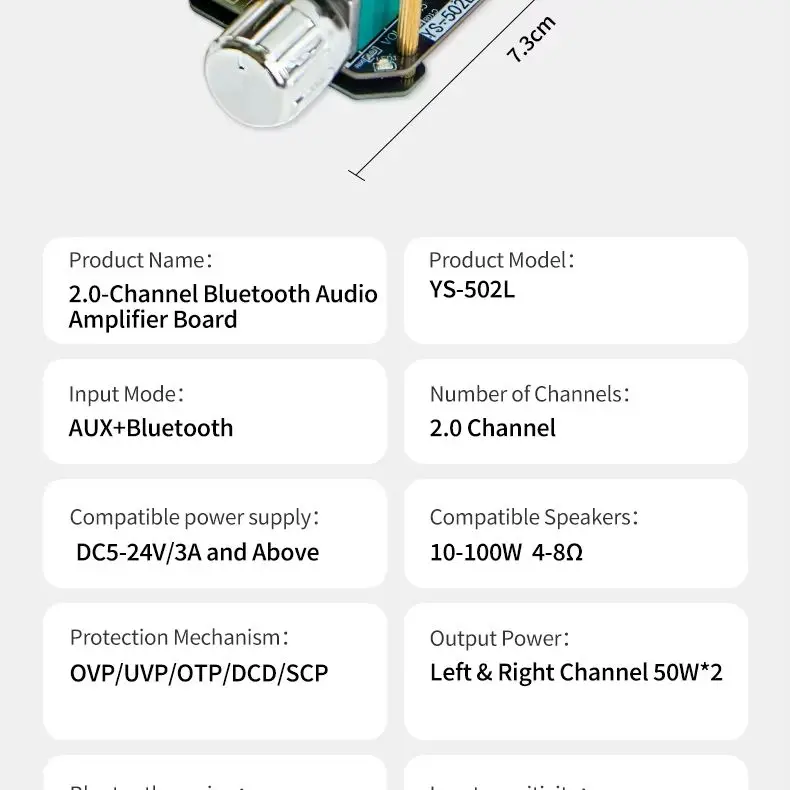 ZK-502L 2.0CH Bluetooth 5.0 Audio Amplifier Board 50W*2 DC5-24V, Digital Power Amp with OVP/UVP/OTP/SCP Protection