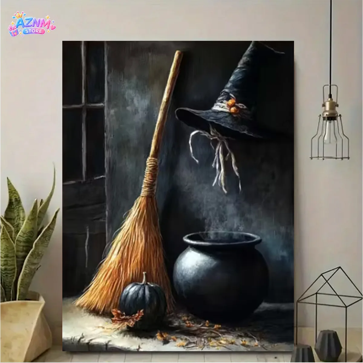 2D Flat, Canvas Painting - Wiccan Broom, Cauldron & Witch Hat-Inspired, Dark Mystical Aesthetic with Black -Like Pot Design,