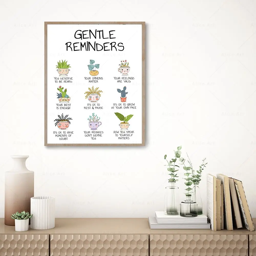 Gentle Reminders Affirmational Canvas Painting Mental Health Print Therapy Office Poster Aesthetic Picture Cute Plant Wall Decor