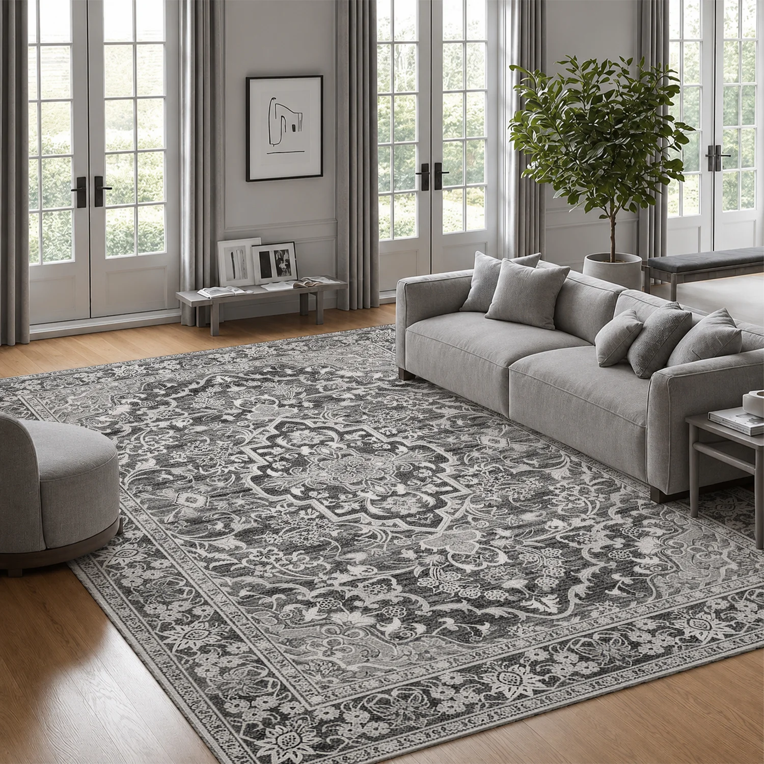 Large Indoor Area Rug, Soft Velvet Low Pile with Non-slip Dotted Backing, Machine Washable Vintage Distressed Gray Oriental Medallion Rug for Living Room and Bedroom