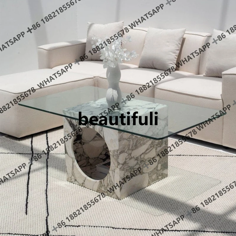 

Natural marble glass coffee table household square coffee table Italian minimalist tea table