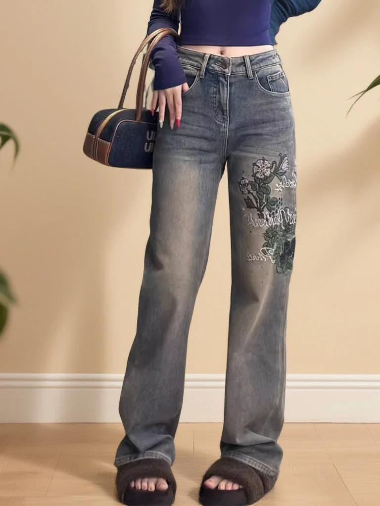 

Модные женские джинсы с высокой талией и вышивкой, прямые широкие брюки с цветочным принтом, новинка 2026 Ele, универсальные Sle