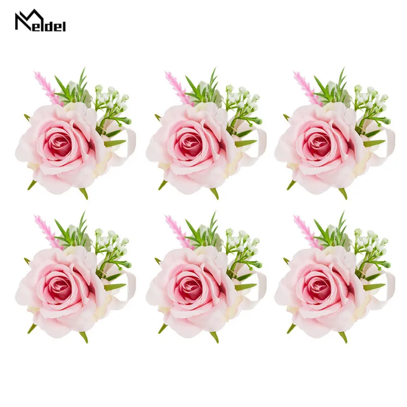 6 pçs champange branco padrinho boutonnieres flores rosas artificiais nupcial dama de honra menina pulseiras flores pulso corsage