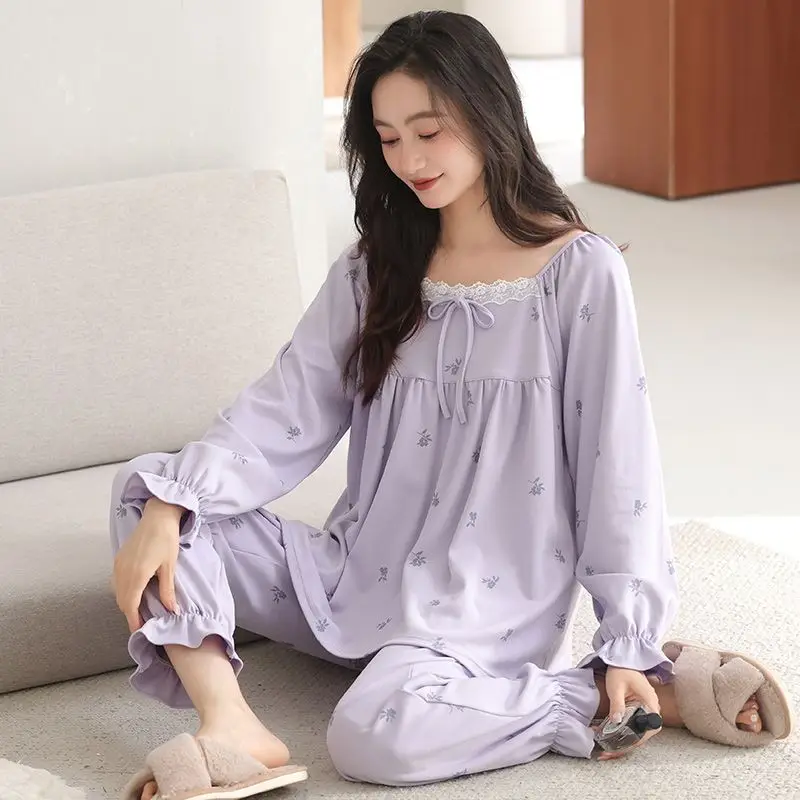 

2026 Spring Long Sleeve 100% Cotton Print Pajama Sets for Women Korean Cute Lace Sleepwear Pyjamas Pijama Mujer Homewear Clothes