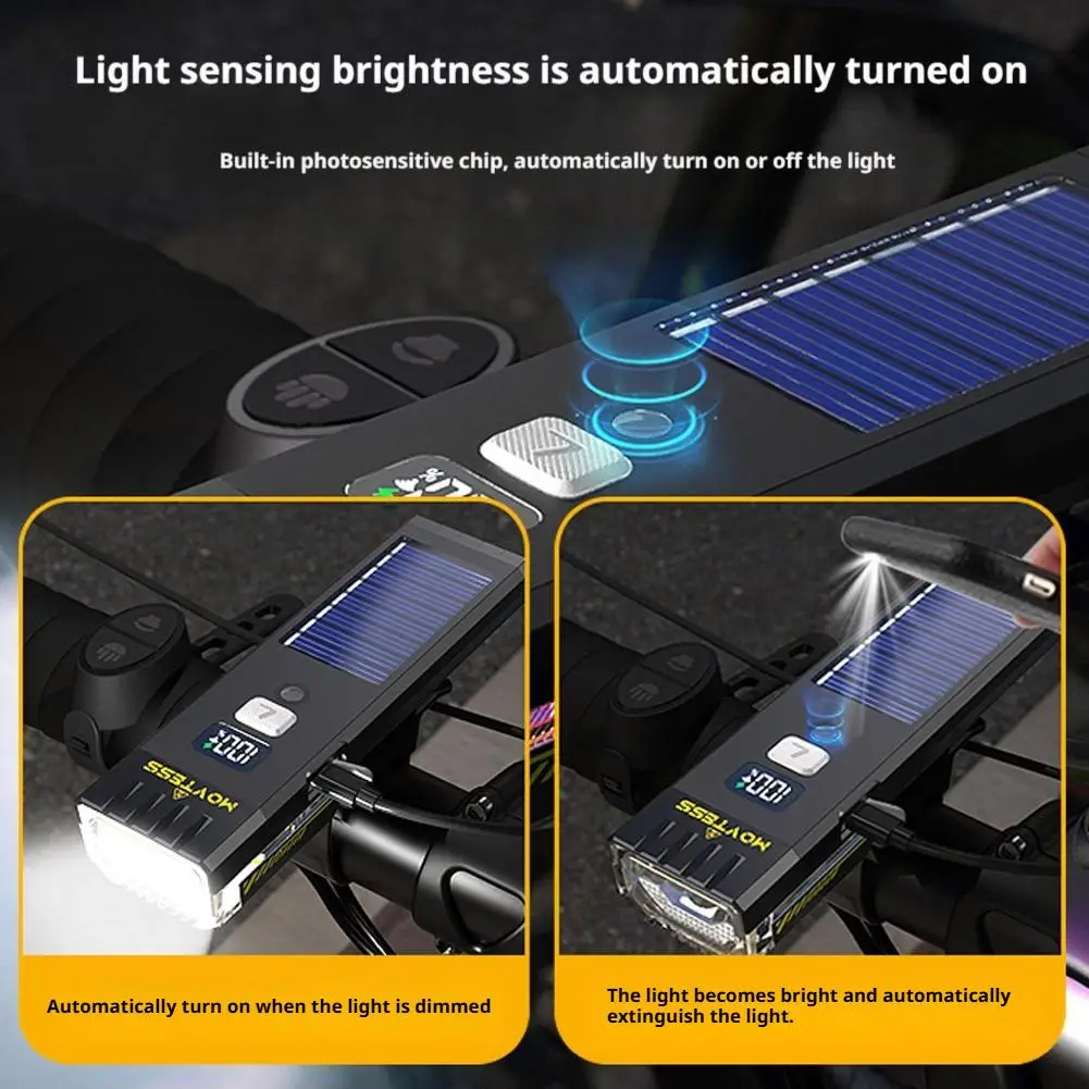 Solar Bicycle Light with Horn Smart Sensing Type-C Rechargeable Power Display MTB Bike Front Lamp Headlight Bike Lantern Light