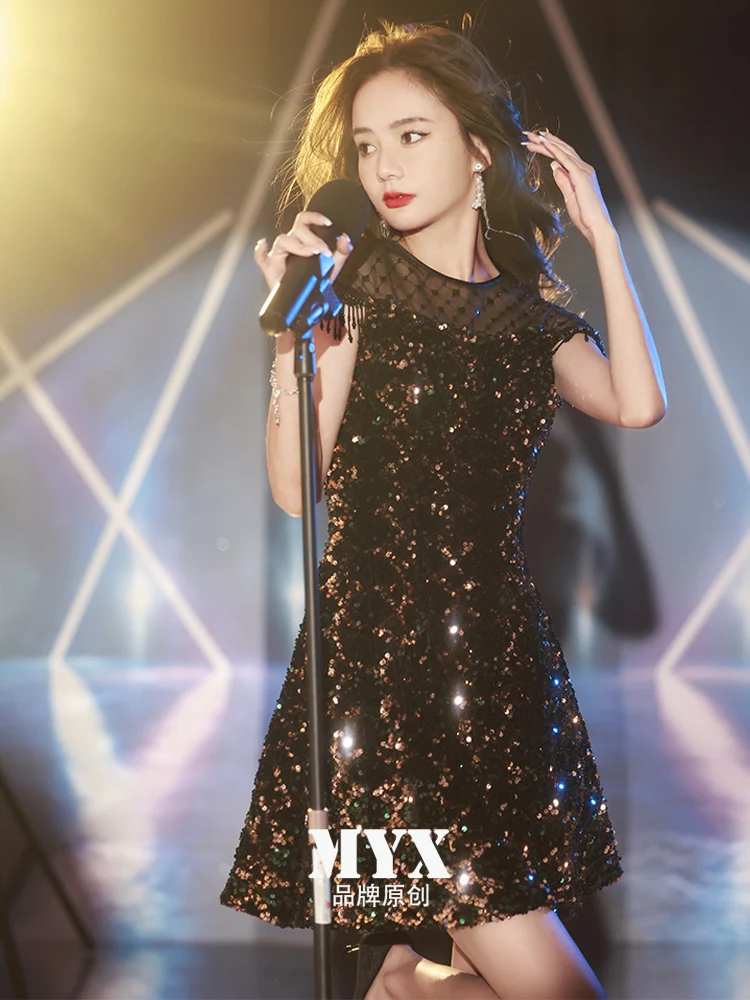 

ort Sequin Dr Sexy mid Waist Zipper Sle Birthday Par Women's Faionable Ele Bla Glitter Dr for Various Occ...