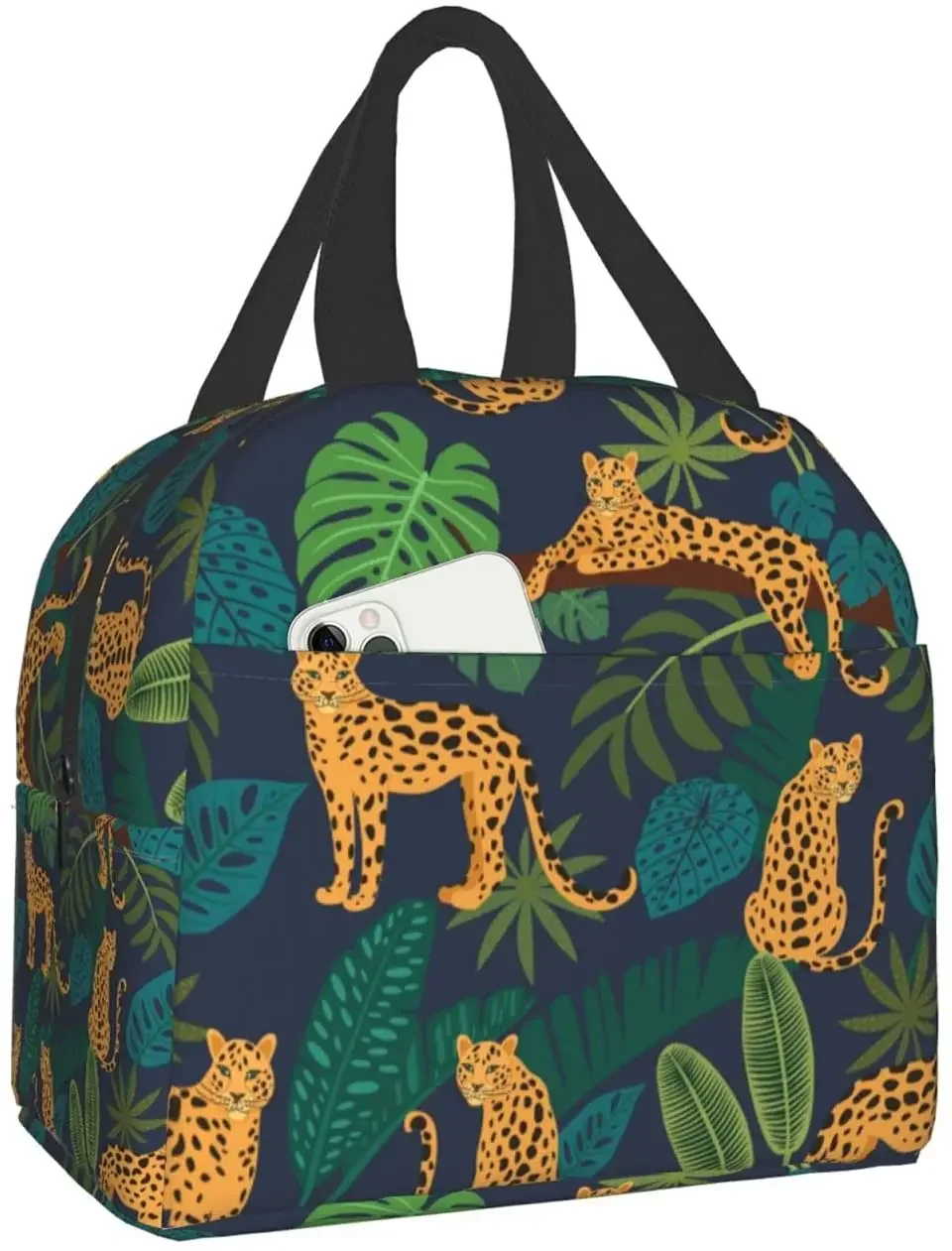 Leopard Lunch Bag Palm Leaf Oxford Cloth Reusable Insulated Lunch Box for Adult Kid Work Picnic Sports Travel Outdoor Activities